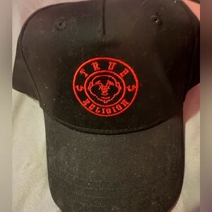 True Religion Black Hat with Red Embroidery
